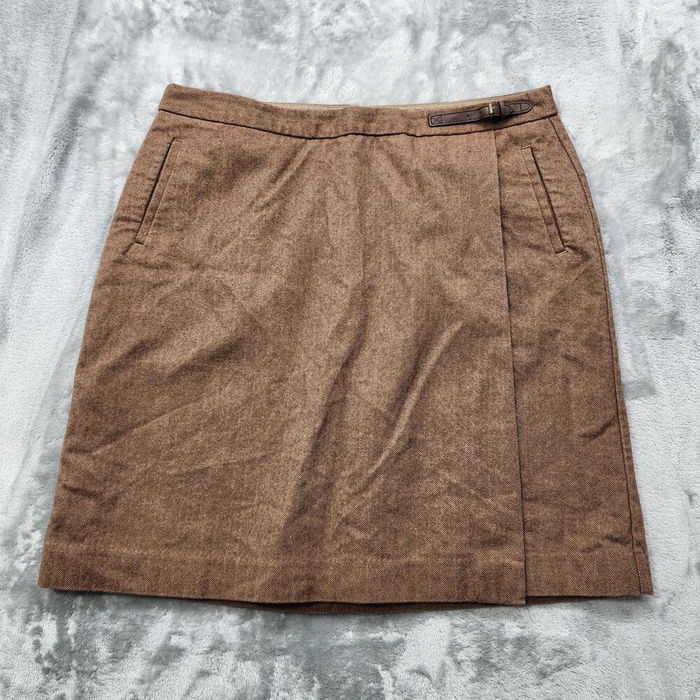 LL Bean Skirt Womens 14 Brown Herringbone Classic‎ Fit Faux Wrap Leather Buckle